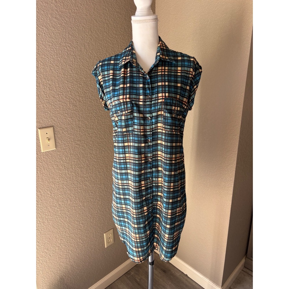 Poetry Womens Plaid Shirt Dress Blue Cap Sleeve Button Up Tunic Medium